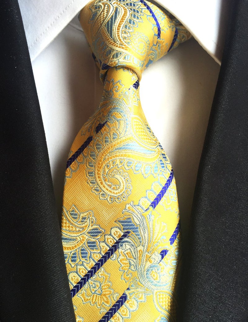 Elfeves Men's Gloden Yellow Tie Yellow Spring Floral Party Wedding Woven Silk Paisley Necktie - Image 2